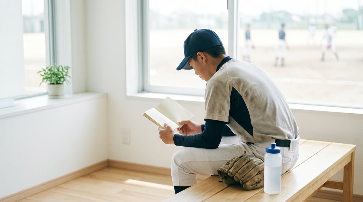 野球の練習後に勉強する中学生