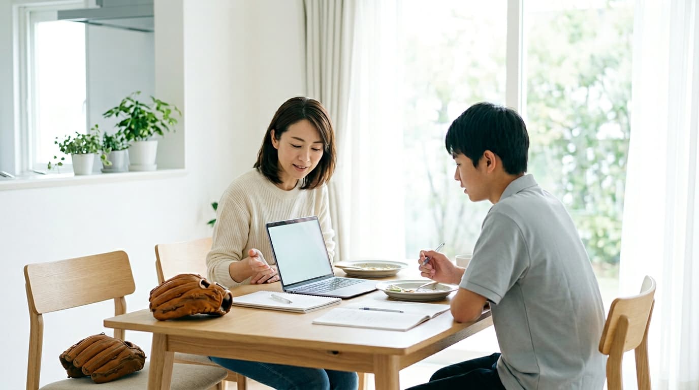 保護者と子どもが一緒にスケジュールを確認している場面