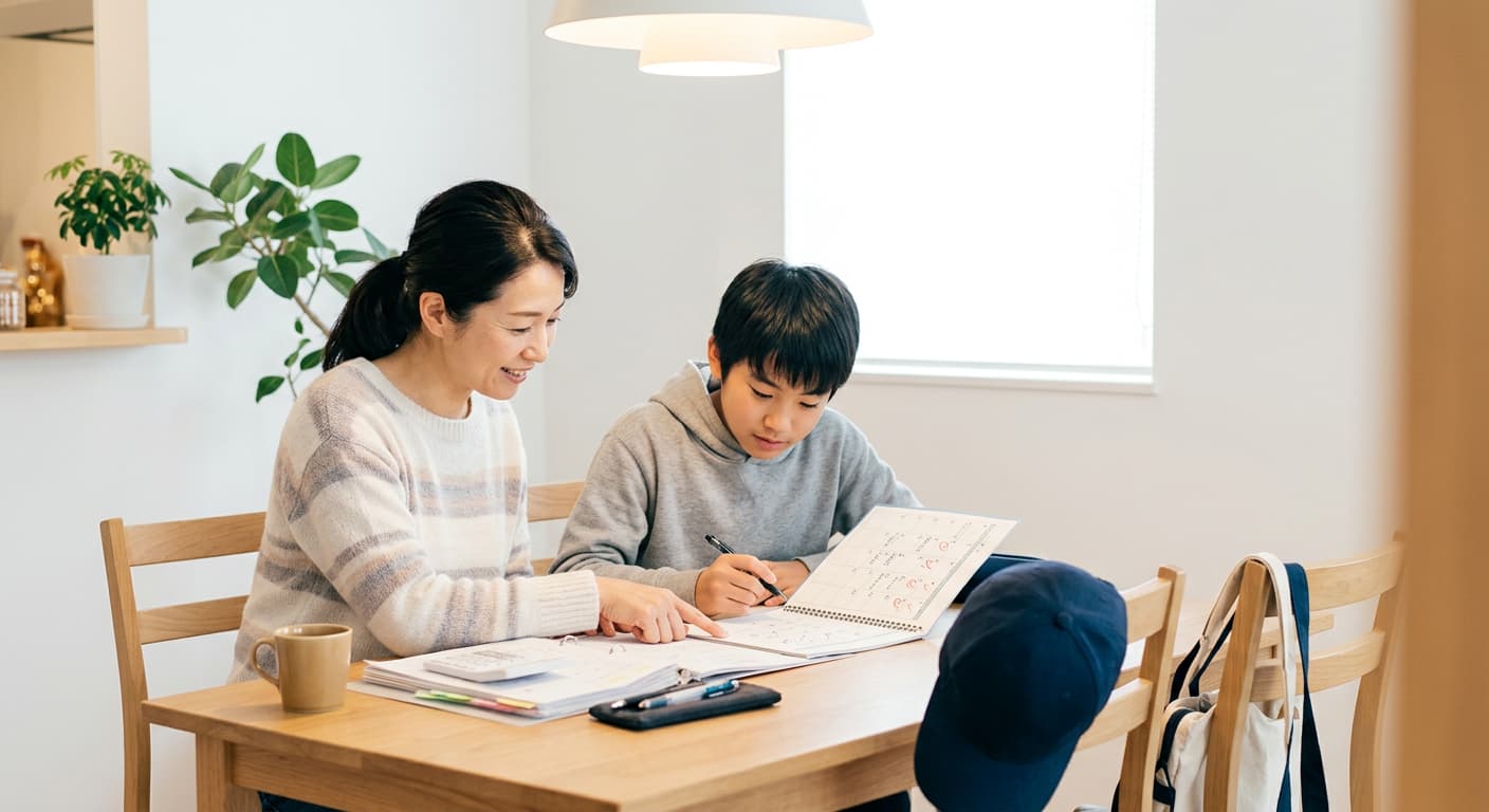 親子でスケジュールを確認する様子