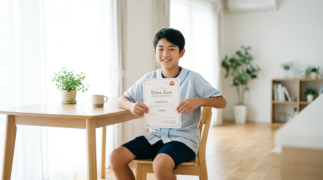 英検合格証書を手にする中学生野球選手