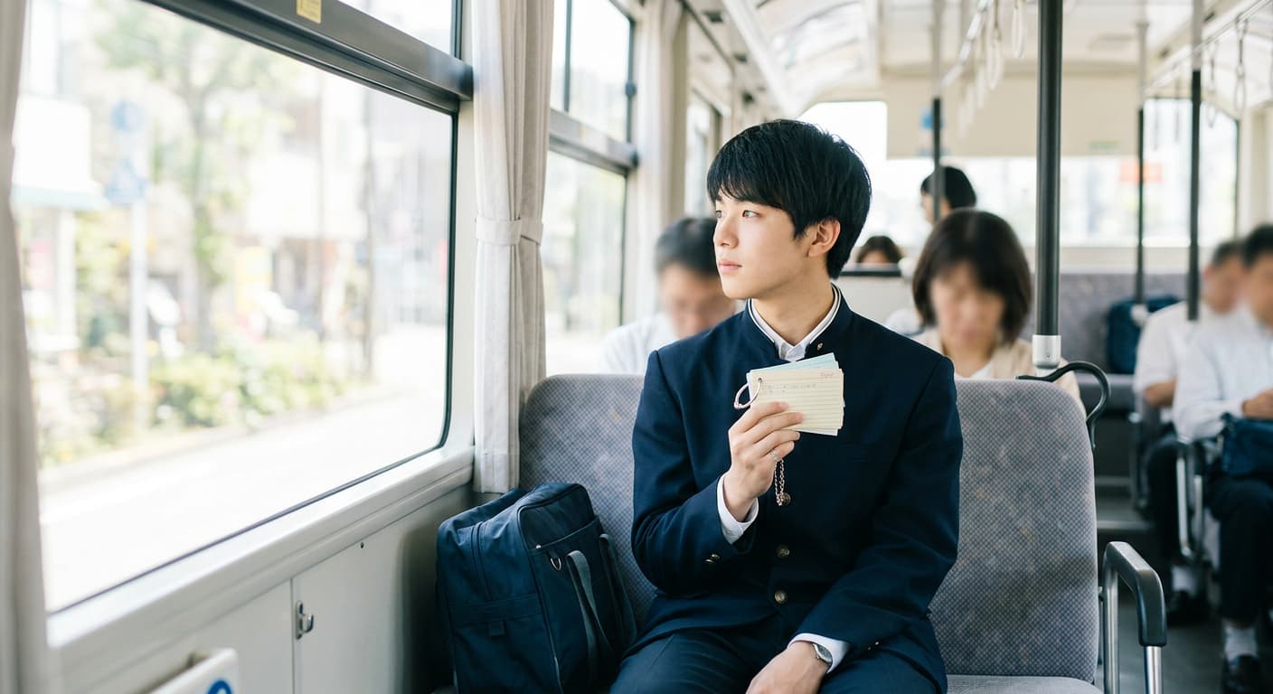 バスで勉強する学生